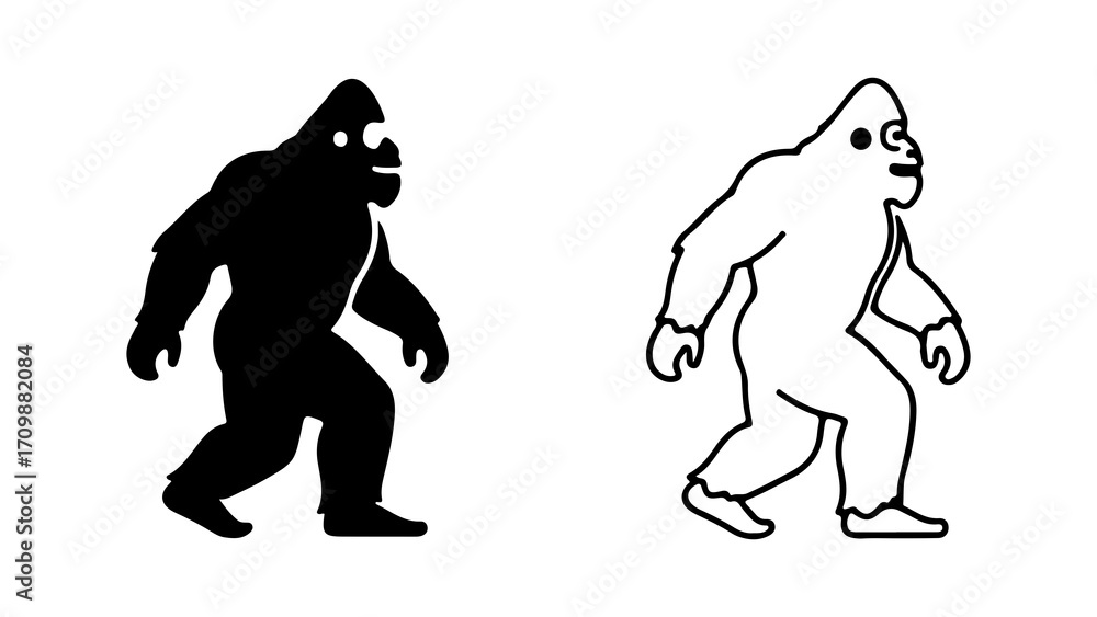 Fototapeta premium Bigfoot Silhouettes Cryptid Icons in Black and White.