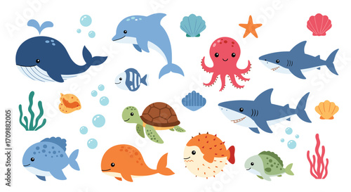A delightful collection of marine creatures including whales dolphins sharks and octopuses and sea turtles and fish and pufferfish in a vibrant underwater scene.