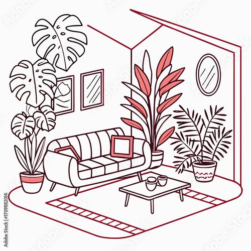 Vector art of cozy living room interior with sofa, plants, and decor, creating a warm and inviting atmosphere, perfect for relaxation and comfort, line art illustration