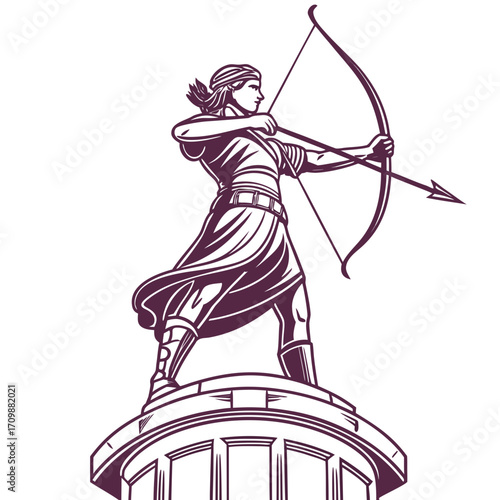 Vector art of detailed illustration of a female archer statue standing proudly on a pedestal, aiming an arrow with skill, symbolizing empowerment, focus, and historical legacy