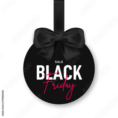 Black Friday sale tag. Hanging badge with a bow and Black Friday text. Black Friday promotional banner, discount label, big sale sticker. Vector