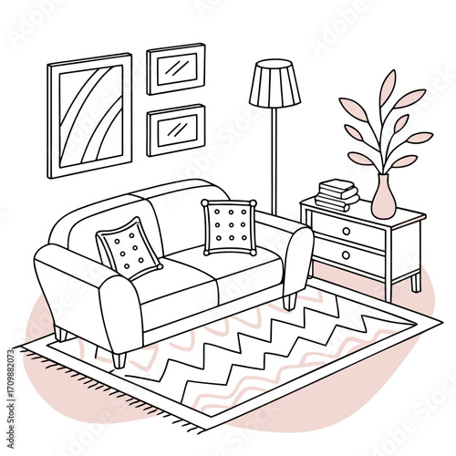 Vector art of hand drawn living room interior with sofa, pillows, carpet, floor lamp, pictures on the wall, nightstand, vase with plant and books vector illustration