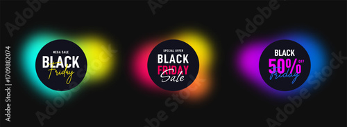 Black Friday sale banner collection. Abstract blurred shapes with text Black Friday. Black Friday promotional banners in liquid shapes and in gradient vibrant colors. Vector