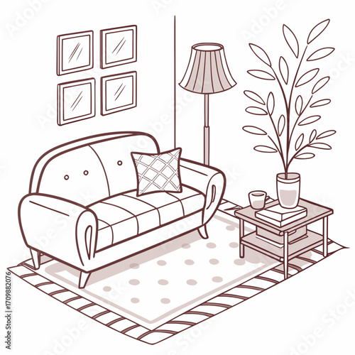 Vector art of handdrawn living room illustration featuring a sofa, pillows, plant, lamp, table, and wall art, creating a cozy and inviting interior scene