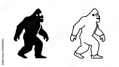 Bigfoot Silhouettes Cryptid Icons in Black and White.