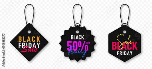 Black Friday sale tags. Plastic badges and price tags with Black Friday text. Black Friday promotional banners, discount labels collection. Vector
