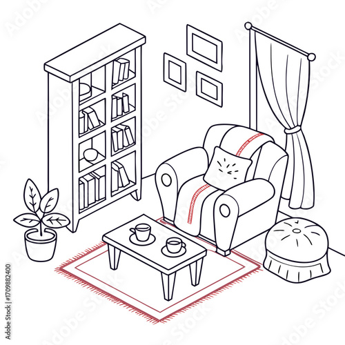 Vector art of isometric view of a cozy living space with an armchair, bookshelf, coffee table, and ottoman a comfortable and inviting area for relaxation