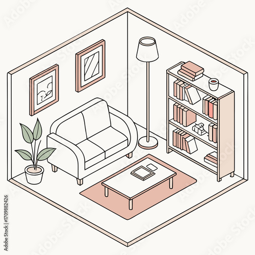 Vector art of isometric living room with sofa, bookcase, lamp, table, plant, and picture cozy home decor and furniture arrangement in a modern style