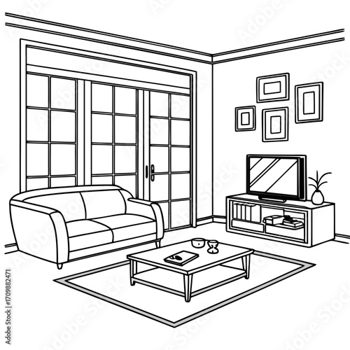 Vector art of living room interior design with sofa, tv, plant, window and decor cozy home interior with furniture modern living room interior design concept