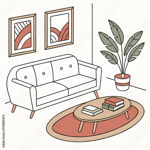Vector art of modern living room interior with a comfortable sofa, stylish coffee table, lush potted plant, and framed artwork, creating a cozy and inviting atmosphere