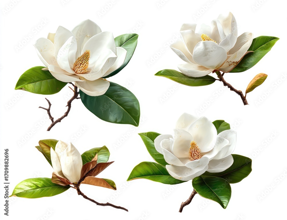 Fototapeta premium Four magnolia blossoms, in various stages, with leaves and stems, isolated on white