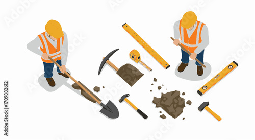 Silhouette of Workers Using Construction Tools on Ground
