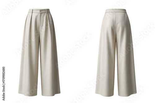 Front and back view of beige wideleg palazzo pants isolated on transparent background