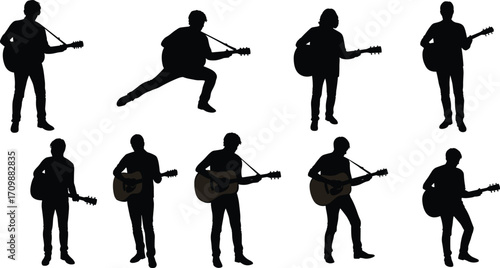 Guitar player silhouettes, acoustic music poses, live performance stance, musician posture, concert energy, artistic expression, music lifestyle, creative body movement