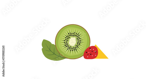 A ripe slice of kiwi fruit with mint leaves and a wedge of cheese with salami.