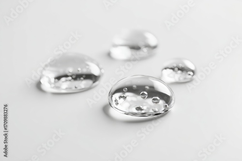 Clear, round liquid droplets on a light surface.  Close-up view of several translucent, slightly irregular spheres of liquid, showing internal reflections and tiny air bubbles