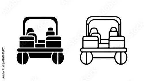 Black and white illustration of a vehicle with two seats and wheels.