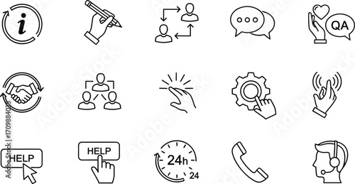 Customer service and communication icon set, black and white symbols, support tools, help desk, messaging, quality assurance, stylized graphic illustration