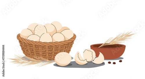 A basket of fresh eggs with garlic cloves and scattered peppercorns in a rustic still life.