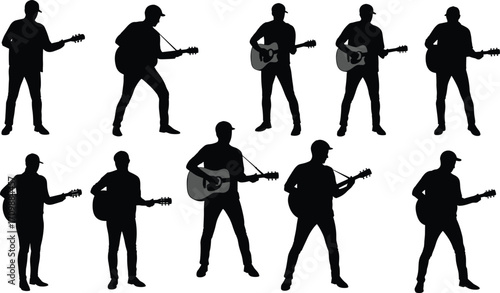 Guitar player silhouettes, acoustic music poses, live performance stances, musician posture, concert energy, artistic expression, creative lifestyle, instrument playing styles