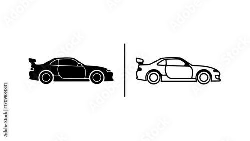 Black silhouette and white outline of a modern sports car.
