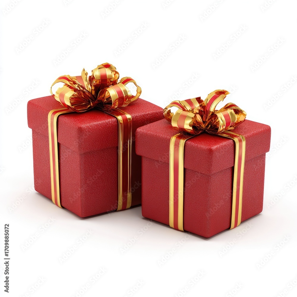 Obraz premium Two red gift boxes with gold ribbon bows, against a white background. They are different sizes, but both are square and have a textured surface