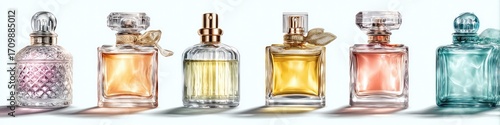 Several perfume bottles in various colors and designs