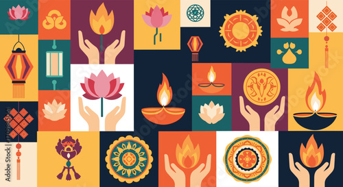 A vibrant and diverse collection of festive and spiritual symbols in a colorful mosaic pattern.