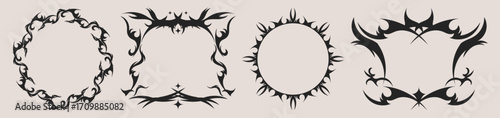 Gothic tribal frame set with black ornamental borders and sharp decorative corners for dark fantasy designs. Rectangular, round silhouettes with flame like curves for tattoo or metal album artwork.