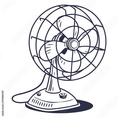 A retro electric metal fan with blades cools the air, an isolated old appliance for summer heat