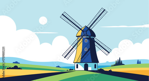 A pixelated windmill stands tall in a scenic rural landscape under a bright sky.