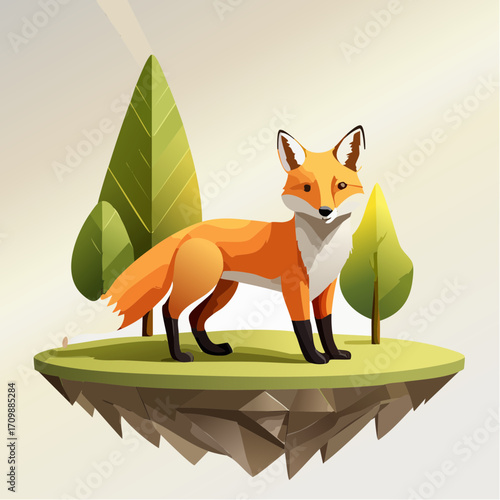 3D Fuchs, stehend auf Waldlichtung, Sonnenstrahlen durch Bäume, realistische Texturen, fotorealistisch