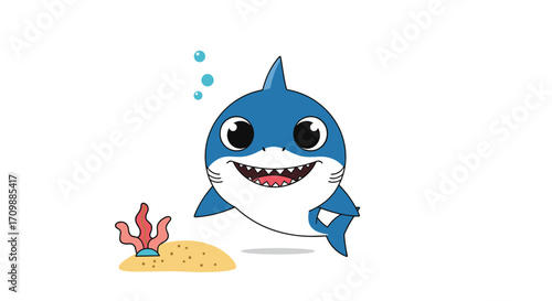 An adorable baby shark swimming happily in the ocean with coral.