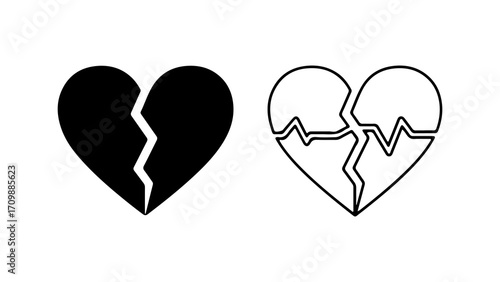 Broken Heart Symbolism Black and White Vector Icons.