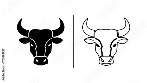 Bull Head Icons Black Silhouette and Outline Illustration.