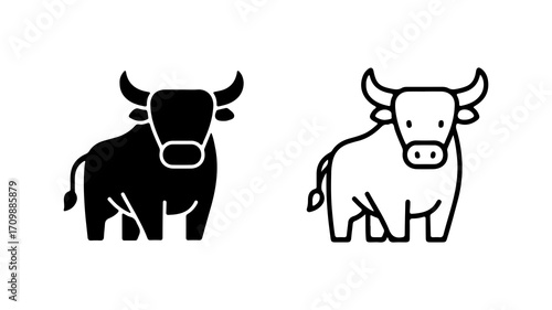 Bull Icon Set Black Silhouette and Outline Illustration.
