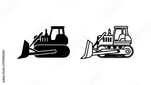 Bulldozer construction vehicle icon set in silhouette and outline style.