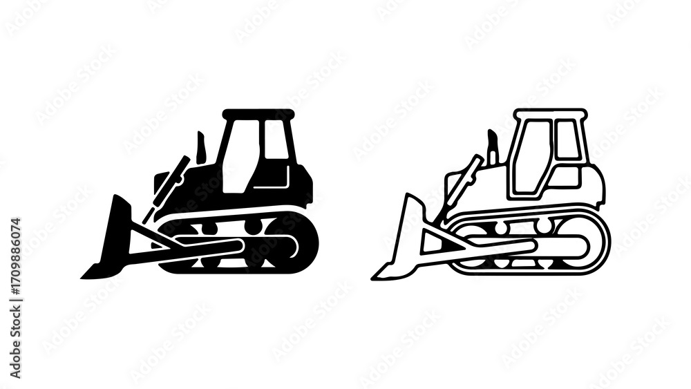 Naklejka premium Bulldozer Icon Set Solid and Outline Styles for Construction and Heavy Machinery.