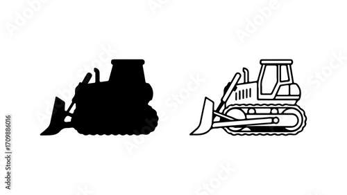 Bulldozer heavy machinery silhouette and line art icons.