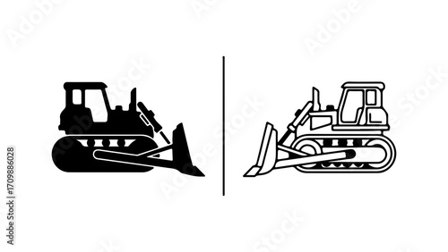 Bulldozer heavy machinery icon set silhouette and line art.