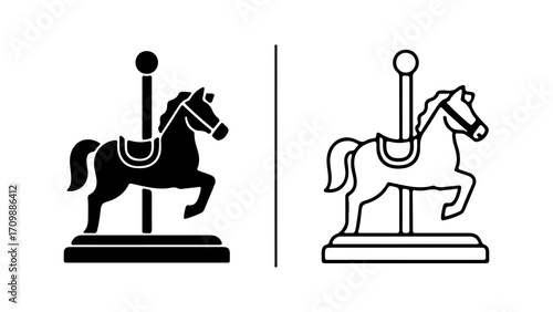 Carousel Horse Icon Set Black and White Vector Illustration.