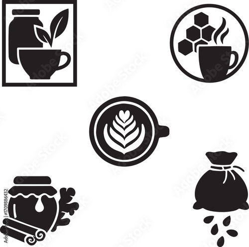 Honey, Herbal Tea, and Spice Icon Set for Healthy Living