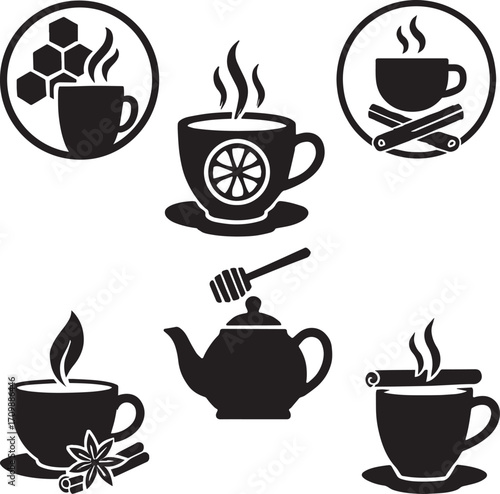 Honey, Lemon, and Spice Tea Cups with Steaming Tea Illustrations