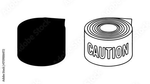 Caution tape roll and black solid shape illustration.