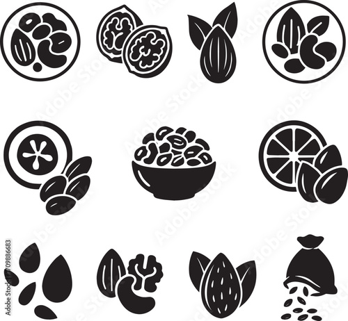 Nuts and Dried Fruits: Almonds, Walnuts, Cashews, and More Icon Set