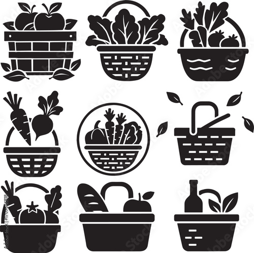 Fresh Harvest Basket Icons: Vegetables and Fruits