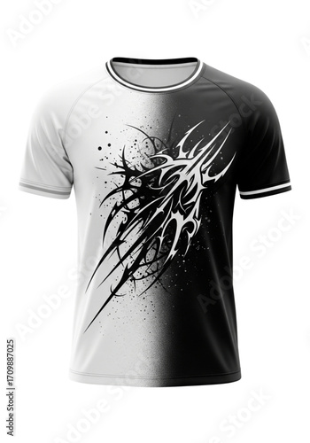 Men's Edgy Black White Split Tribal Graphic Tee with Sharp Abstract Spiky Design and Ink Splatters, Crew Neck Short Sleeve Top