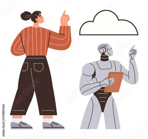 Woman pointing upward while robot with a tablet gestures at a cloud icon. Ideal for technology, AI, digital transformation, innovation, communication, teamwork, automation. Simple flat metaphor