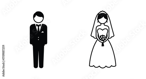 Simple black and white illustration depicts a bride and groom silhouette