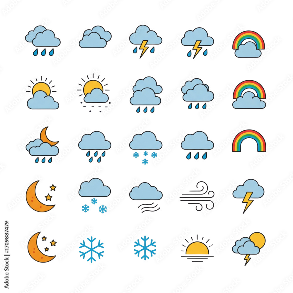 Colorful Flat Design Weather Forecast Vector Icons Set. Sun, Rain, Snow, Cloud, Lightning, Wind, Rainbow, Moon Symbol Pack.